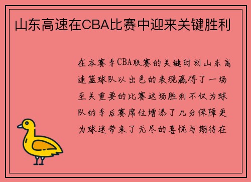 山东高速在CBA比赛中迎来关键胜利